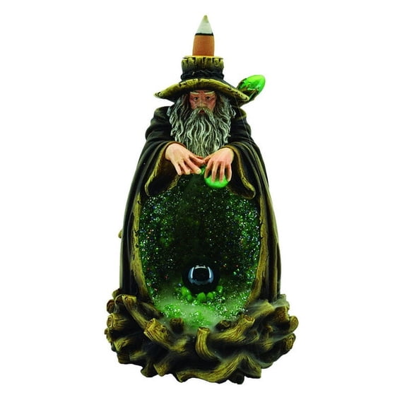 Green Wizard Casting Spell Backflow Burner with LED | 7 inch | Incense Cone Holder