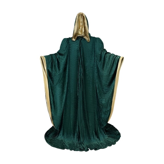 Green Wizard Robe with Hood and Sleeves, Halloween Party Costume for Adults, Velvet Lined in GOLD Satin Cosplay, 64" Cloak