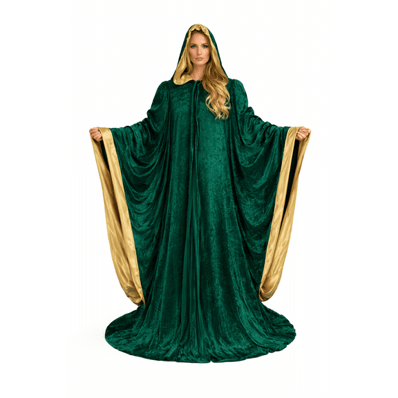 Green Wizard Robe with Hood and Sleeves, Halloween Party Costume for Adults, Velvet Lined in GOLD Satin Cosplay, 64" Cloak