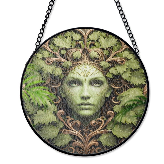 Green Woman Celtic Stained Glass Art, Handcrafted Panel, Round Green Pagan Nature Goddess Design, Spiritual Home Decor Gift For Nature Lovers, Window Hanging Wall Art