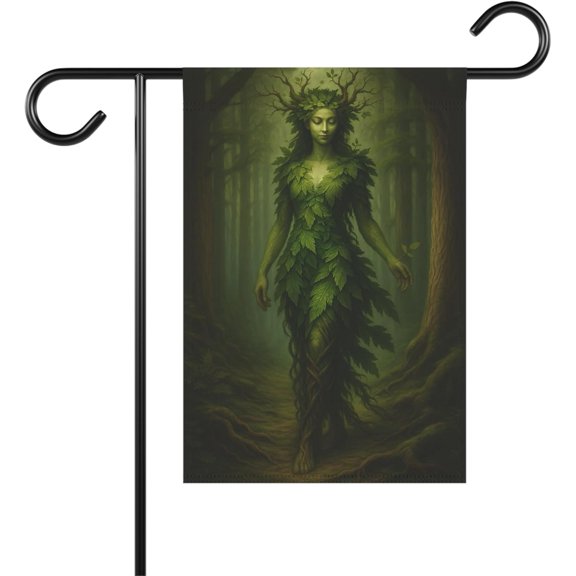 Green Woman Garden Flag - Forest Spirit Pagan Art Banner - Double Sided 12x18" - Druid Witch Nature Goddess Earth Mother Gift