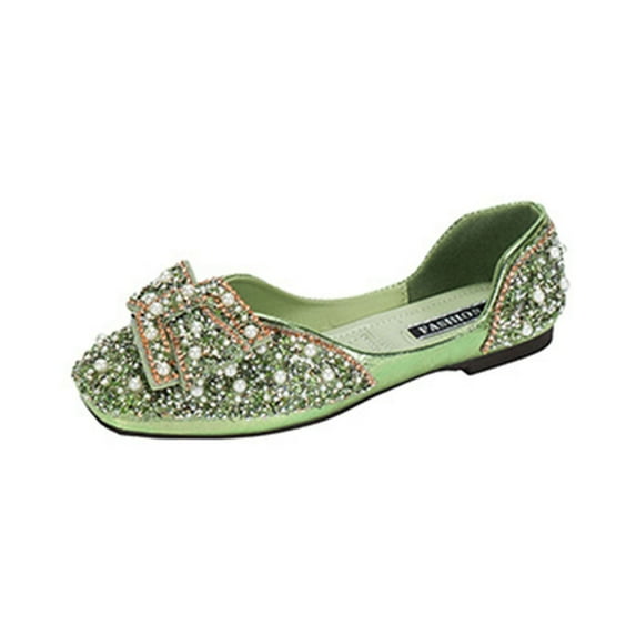 Green Women Rhinestone Bow Slip-On Shoes Round Toe Shallow Flat Casual Comfortable Wear