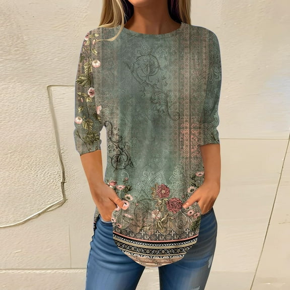 Green Women'S Blouses, Polyester Shirts for Plus Size Women, 3/4 Sleeve Plus Size Woman Shirts, Plus Size Womens T Shirts, Floral Plus Size Women'S Tops, Weekend Printed Printed Plus Size Tops