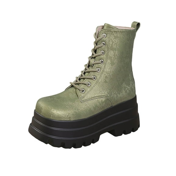 Green Women'S Boots With A Thick Sole, Patterned Design, Round Toe, Lace-Up, Side Zipper For A Lively And Comfortable Look