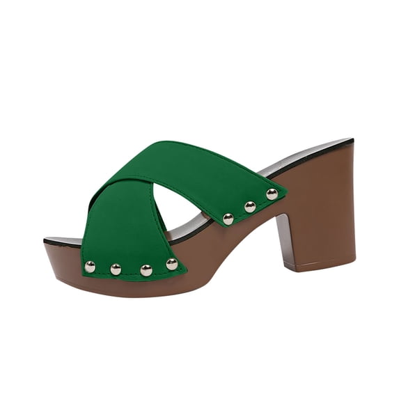 Green Women'S Casual Open Toe High Heel Shoes, Solid Color Cross Strap Thick Heel Summer