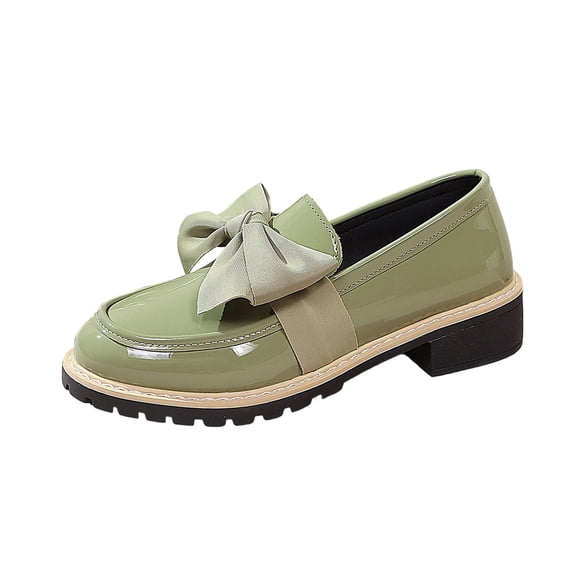 Green Women'S Fashion Casual Cold Weather Fuzzy Lined Footwear Featuring Circular Toe Glossy Leather Bow Accent Flat Heel For Daily Use