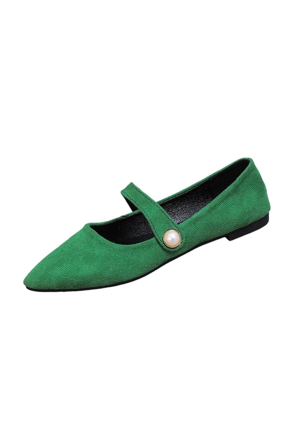 Green Women'S Flat Shoes Pearl Embellished Solid Color Low Cut Pointed Toe Loafers Spring And Fall Vintage Comfortable Everyday Wear Size 36