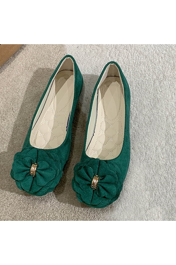Green Women'S Flat Shoes Retro Square Toe Casual Style Low Cut Design Floral Embellishments Bow Accents Comfortable Upper Daily Shoes Size 37