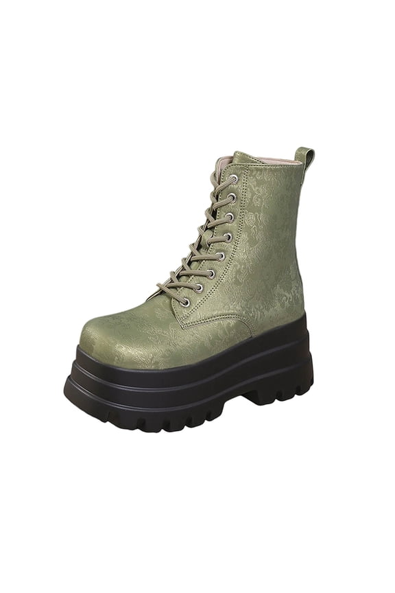 Green Women'S Lace-Up Ankle Boots With A Pattern, Round Toe, Platform, Side Zipper, For A Bold And Trendy Winter Shoe