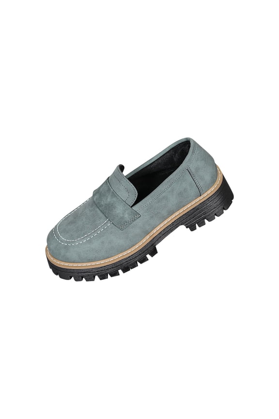 Green Women'S Loafers Chunky Heel Retro Frosted Round Toe Thick Sole Mid Heel Comfortable Casual Versatile Fashion Shoes For Daily Wear Size 37
