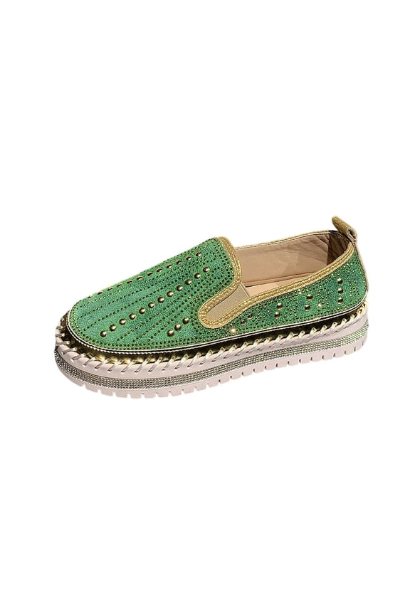 Green Women'S Loafers Solid Color Rhinestone Round Toe Thick Sole Slip On Low Cut Casual Shoes All Season For Daily Casual Wear Size 41