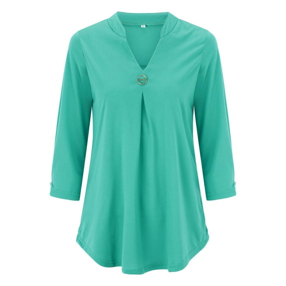 Green Women'S Plus Size Tops, Long Sleeve Womens Shirts Plus Size, Womens Tops Plus, Women's Spring Autumn Winter Three Quarter Sleeve Solid Color V Neck Buckle Pleated Casual Pullover T Shirt Top