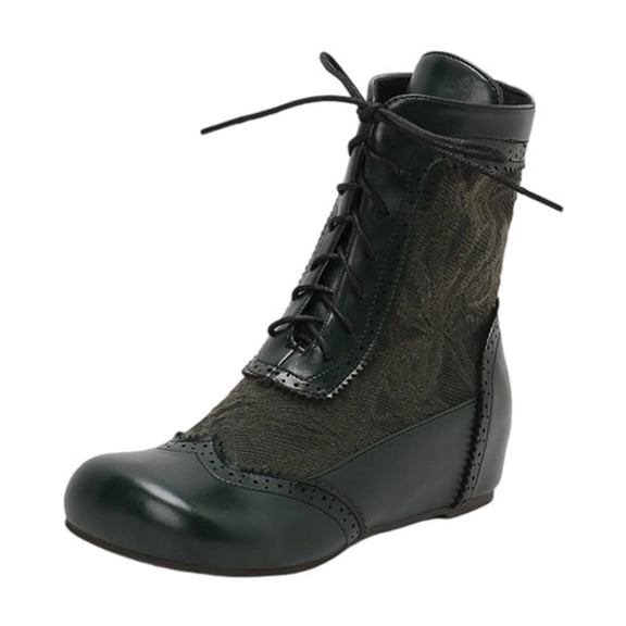 Green Women'S Round Toe Flat Boots With Lace-Up Style For Winter Casual Wear Pu Leather Comfortable And Versatile