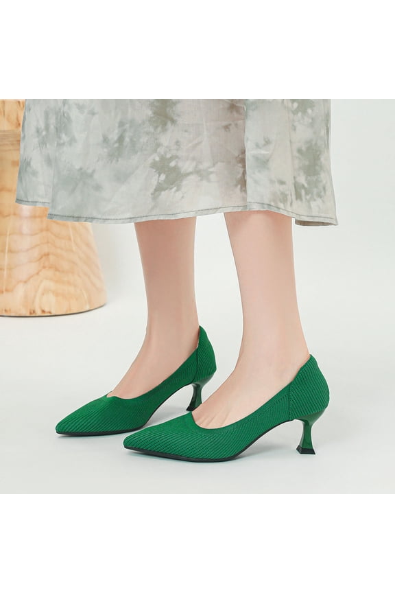 Green Women'S Solid Color Vertical Knit Pointed Toe Pumps Fashion Casual Stiletto Heels Slip-On Comfortable Versatile Footwear For All Seasons Size 43