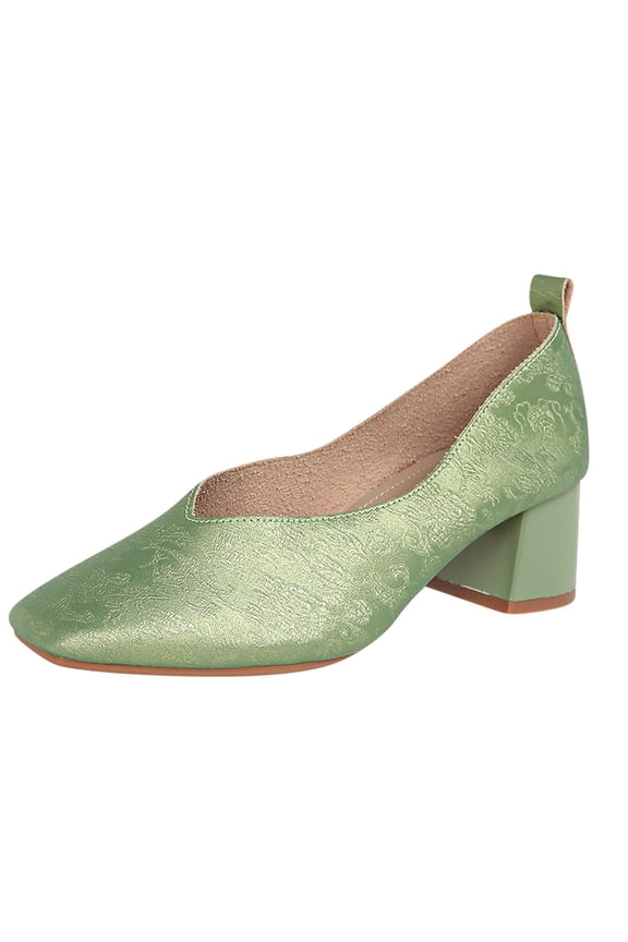 Green Women'S Square Toe Mary Jane Flats - Low Heel Vintage Style Comfortable Casual Shoes With Leather