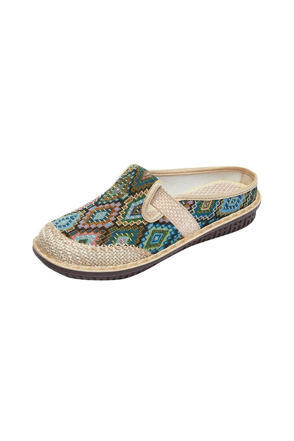 Green Women'S Wide Width Embroidered Linen Shoes Half Slippers For Daily Wear