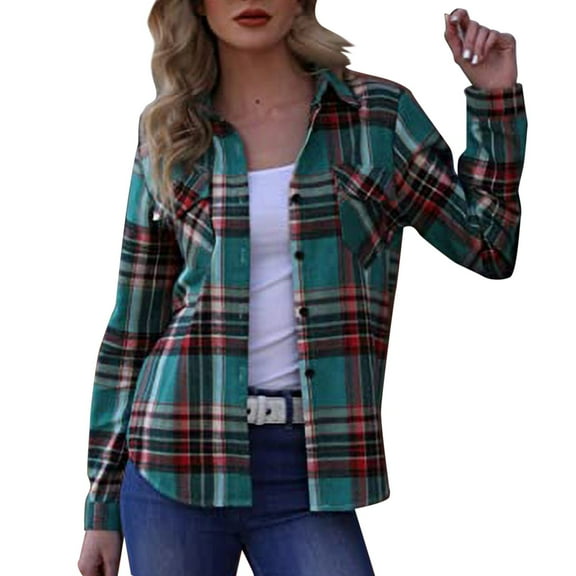Green Women Shirts, Plaid Shirts For Women Long Sleeve Button Down Christmas Fall Jacket,Women Shirts S