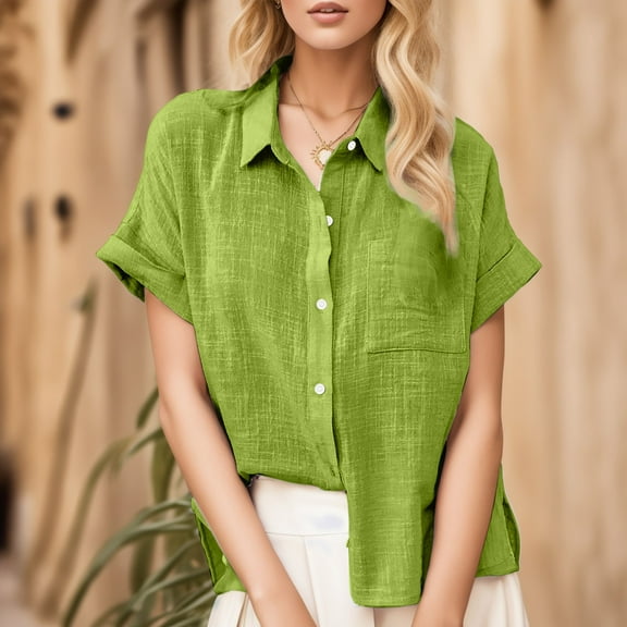 Green Women Shirts, Summer New Ladies Loose Blouses Cotton And Lapel Rolled Short Sleeve Button Shirt Tee Shirt,Women Shirts XXL