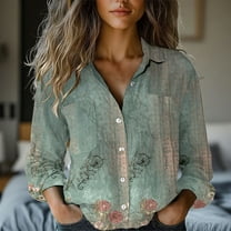 Green Women Shirts, Women'S Long Sleeved Printed Button Down Shirt,Women Shirts XL