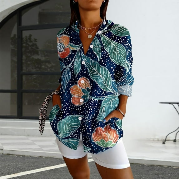 Green Women Shirts, Womens Long Sleeve Boho Shirts V Neck Vintage Floral Tops Ladies Blouses Casual Graphic Shirt 2025 Spring,Women Shirts M