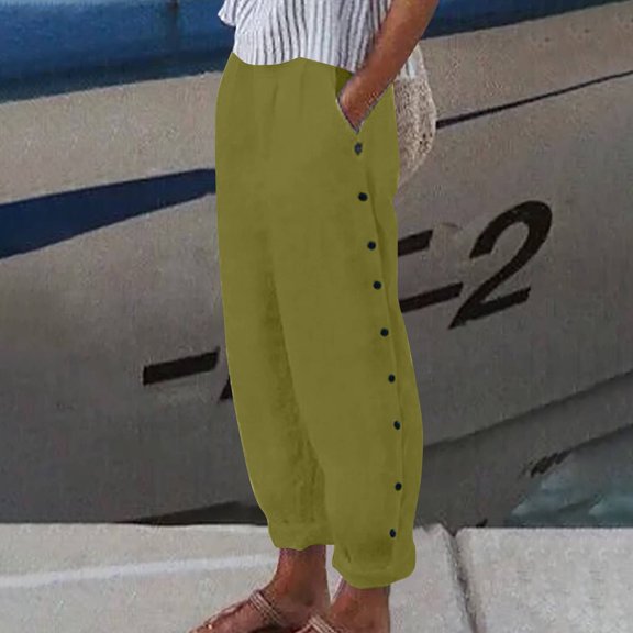 Green Women's Casual Pants, Women'S Cotton Linen Elastic Belt High Belt Pocket Trousers Side Buttons Centre Trousers Loose Casual Pants H Shaped Straight Pants,Women's Casual Pants M