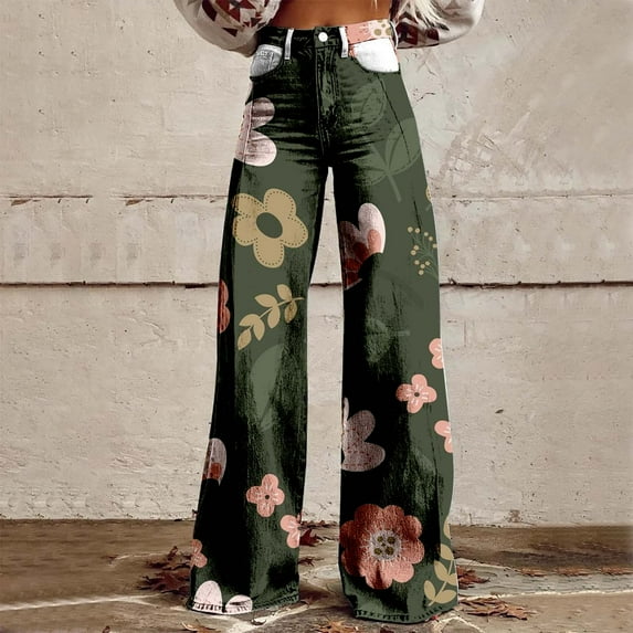 Green Women's Casual Pants, Women'S Wide Leg Pant Vintage Floral Print High Waisted Straight Stretch Pants With Pockets,Women's Casual Pants M