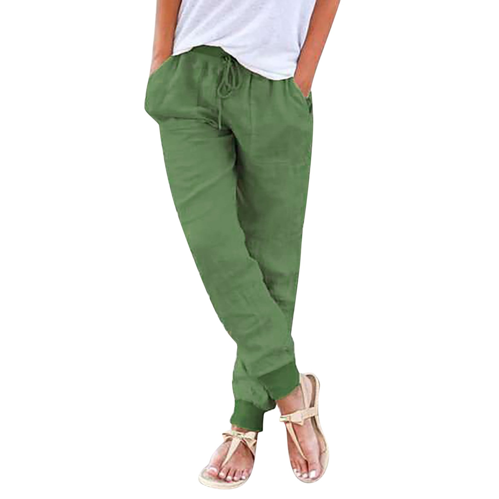 Green Women's Casual Pants Womens Tapered Pants Drawstring Back Elastic ...