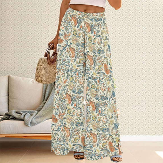 Green Women's Casual Pants, Womens Wide Leg Palazzo Pants Boho Floral 2025 Summer Beach Culottes Flowy Casual Trousers For Vacation,Women's Casual Pants XXL