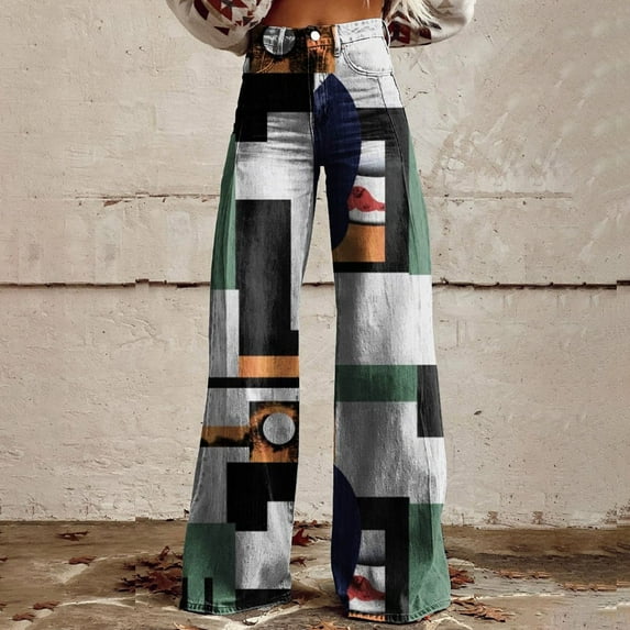 Green Women's Jeans, Wide Leg Pants Woman High Waist Floral Patterned Pants Lightweight Loose Fit Casual Colorful Trouser Imitation Jeans,Women's Jeans L