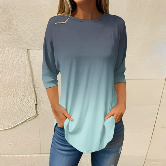 Green Women's Long Sleeve T-shirt, 3/4 Length Sleeve Womens Tops 2025 Spring Neck Casual Print Tunic T Shirts Three Quarter Length Womens Tops,Women's Long sleeve T-shirt S