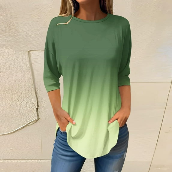 Green Women's Long Sleeve T-shirt, 3/4 Length Sleeve Womens Tops 2025 Spring Neck Casual Print Tunic T Shirts Three Quarter Length Womens Tops,Women's Long sleeve T-shirt L