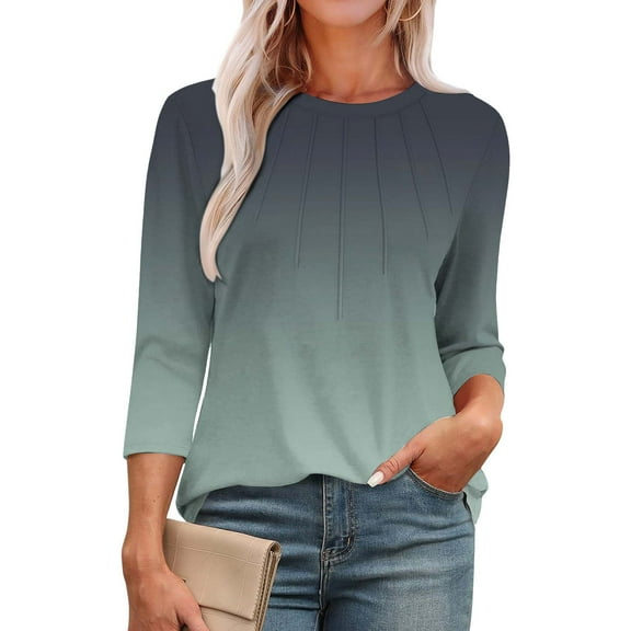 Green Women's Long Sleeve T-shirt, 3/4 Length Sleeve Womens Tops Round Neck Casual Tunic Tops Basic Pleated Shirts Loose Fit 2025,Women's Long sleeve T-shirt S