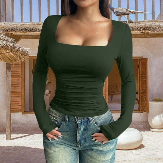 Green Women's Long Sleeve T-shirt, Fashion Women'S Long Sleeve Solid Square Neck Blouse Long Top Loose T Shirt,Women's Long sleeve T-shirt M