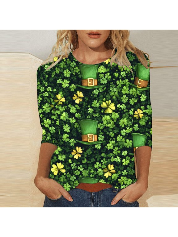 Green Women's Long Sleeve T-shirt, Women Funny No Sequin Wine Glass Print 3/4 Sleeve Sweatshirts Graphic Fleece Tops XL