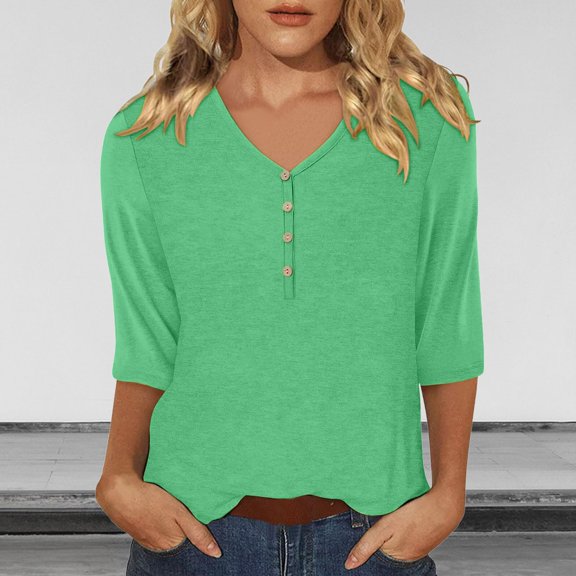 Green Women's Long Sleeve T-shirt, Women'S Casual 3/4 Sleeve T Shirts 2025 V Neck Tunic Tops Cute Tees Blouses Loose Fit Business Work Tee Top,Women's Long sleeve T-shirt M
