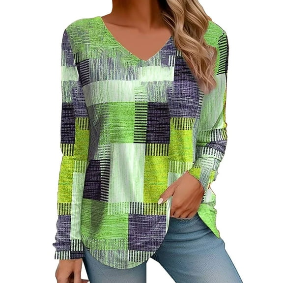 Green Women's Long Sleeve T-shirt, Women'S Loose V Neck Splicing Long Sleeve T Shirt Top,Women's Long sleeve T-shirt S