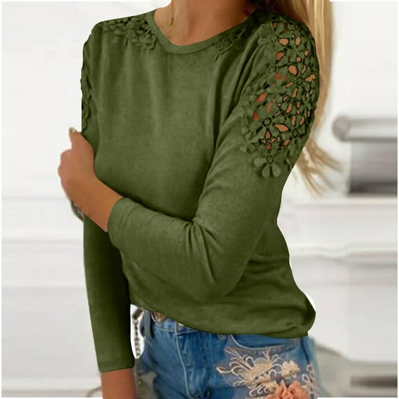 Green Women's Long Sleeve T-shirt, Women'S Round Neck Solid Color Hollow Stitching Long Sleeved T Shirt,Women's Long sleeve T-shirt 3XL