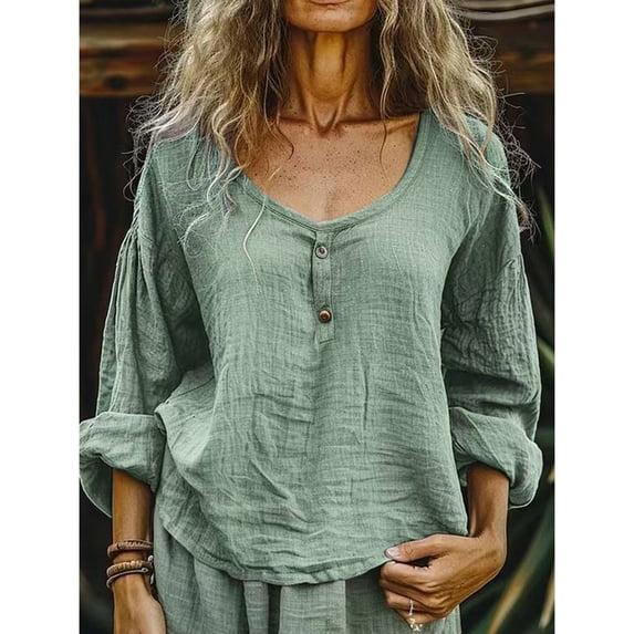 Green Women's Long Sleeve T-shirt, Women'S Spring New Women'S Clothing Casual Loose Fashion Long Sleeve Cotton Linen Solid Color Door Bottle Round Neck Shirt Long Sleeve T Shirt,Women's Long sleeve T-