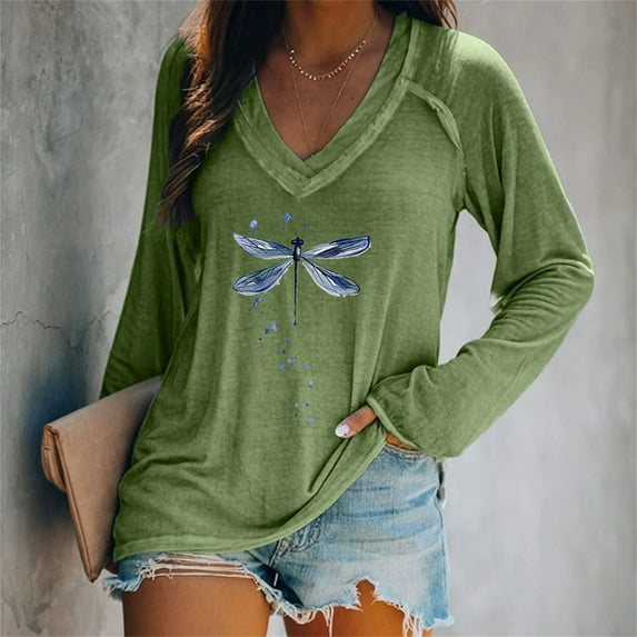 Green Women's Long Sleeve T-shirt, Women'S T Shirt Blend Printed Long Sleeved V Neck Top,Women's Long sleeve T-shirt M