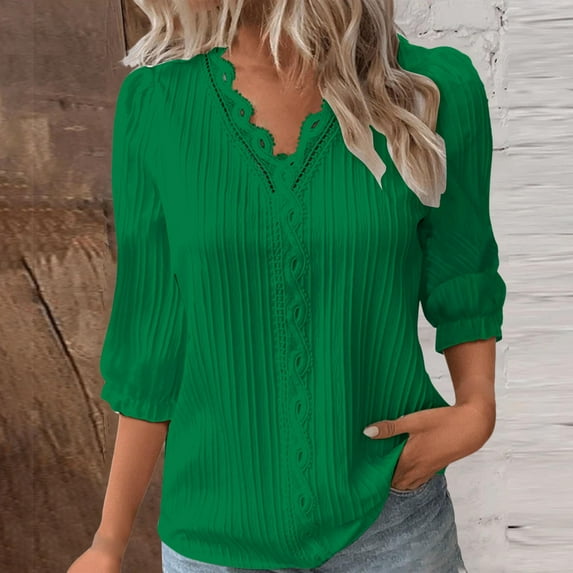 Green Women's Long Sleeve T-shirt, Women Summer Lace V Neck Plain Lace Elegant Shirt Fashion Solid Color Elegant Blouse 3/4 Length Sleeve Plus Size Scrub Tops,Women's Long sleeve T-shirt 4XL