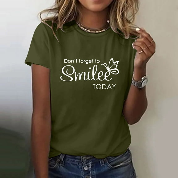 Green Women's Short Sleeve T-shirt, Don'T Forget To Smilee Today Women'S Letter Printed Shirt Short Sleeve Round Neck T Shirt Fashion Top Lightweight Soft Casual Summer Clothing Clothes,Women's Short
