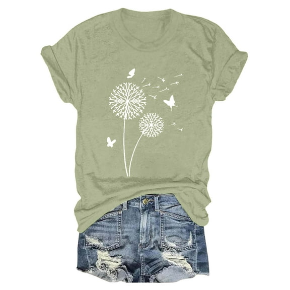 Green Women's Short Sleeve T-shirt, Shirts Women'S Cute Round Neck Sunflower Wildflower Flower Lovers Graphic Casual Printed Tee Tops,Women's Short sleeve T-shirt M