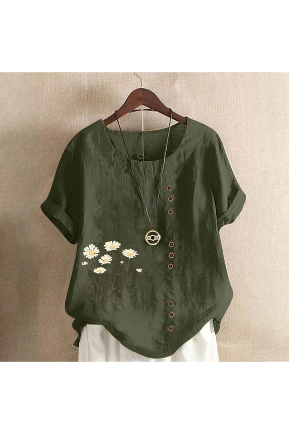 Green Women's Short Sleeve T-shirt, Women Floral Print Linen Shirts Short Sleeve Tops Loose Fit Cotton Blouses Trendy 2025 Clothing,Women's Short sleeve T-shirt XXL