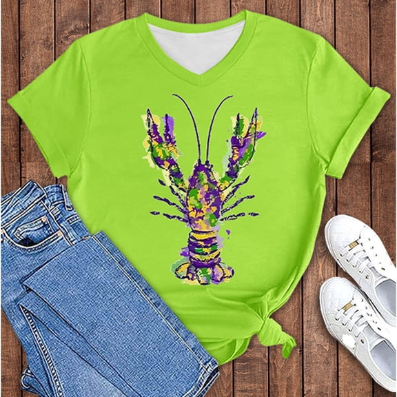 Green Women's Short Sleeve T-shirt, Women'S Carnival Crawfish Print V Neck Shirt Women'S Pullover T Shirt,Women's Short sleeve T-shirt S