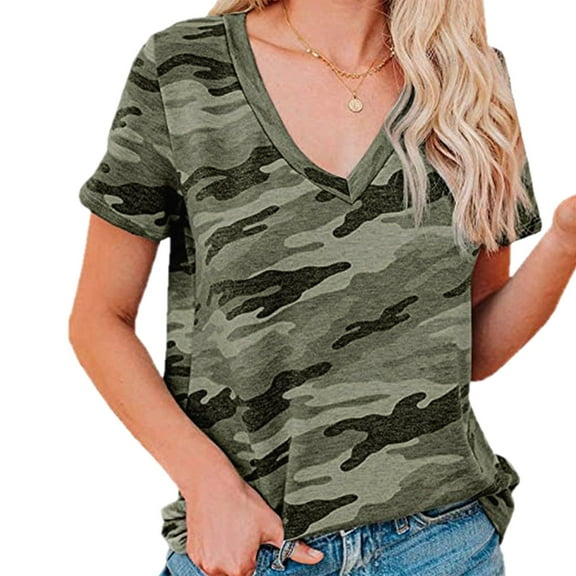 Green Women's Short Sleeve T-shirt, Women'S Casual Camouflage V-Neck Loose Short Sleeve T-Shirt Top,Women's Short sleeve T-shirt XL