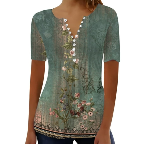 Green Women's Short Sleeve T-shirt, Women'S Casual Pleated Round Neck Button Open Short Sleeve Loose T Shirt Shirt Top,Women's Short sleeve T-shirt M