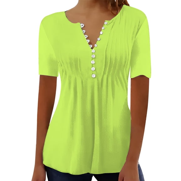 Green Women's Short Sleeve T-shirt, Women'S Casual Pleated Round Neck Button Open Short Sleeve Loose T Shirt Shirt Top,Women's Short sleeve T-shirt S