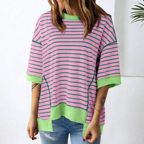 Green Women's Short Sleeve T-shirt, Women'S Casual Round Neck Short Sleeved Striped Color Blocked Hem Off Shoulder Fashionable Pullover T Shirt,Women's Short sleeve T-shirt L