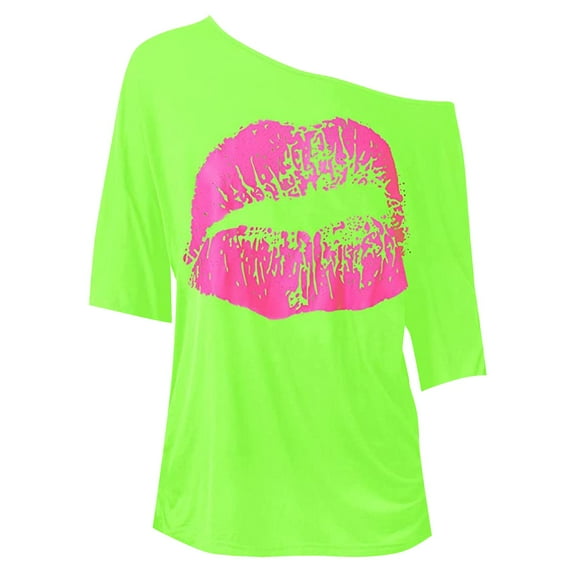 Green Women's Short Sleeve T-shirt, Women'S Casual Off Shoulder Shoulder Nostalgic Big Lip Print 80S Clothing Women'S Shoulder Medium Sleeved T Shirt Top,Women's Short sleeve T-shirt M
