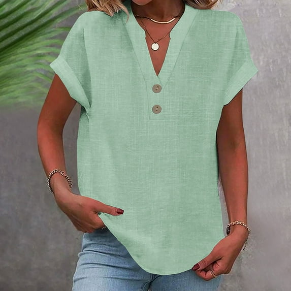 Green Women's Short Sleeve T-shirt, Women'S Fashion Casual V Neck Button Down Short Sleeve Top T Shirt,Women's Short sleeve T-shirt 3XL